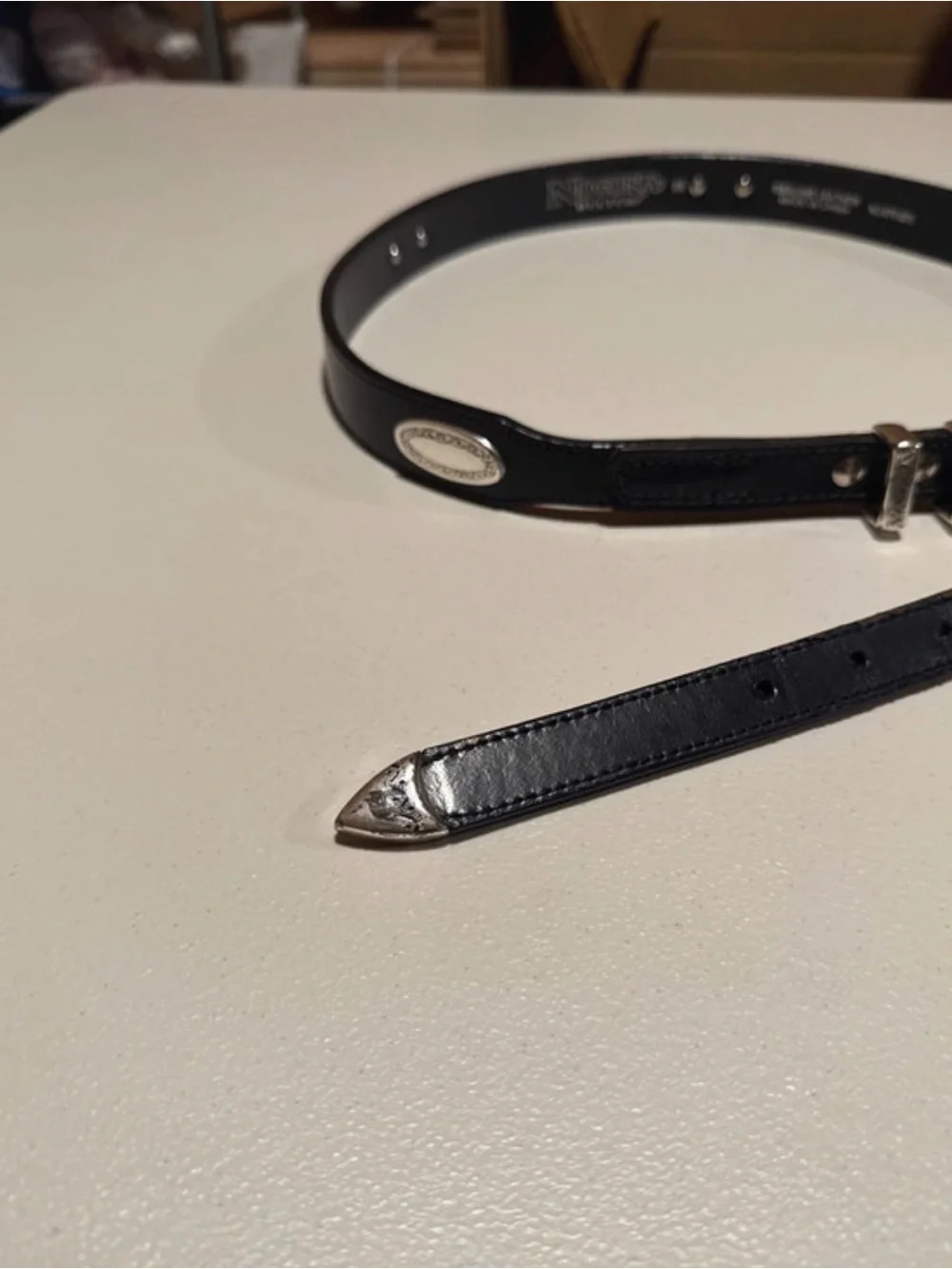 Slim Black Leather Belt with Silver Accents